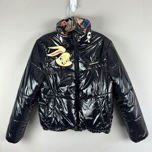 Members Only Space Jam Looney Tunes Black Puffer Jacket Size Large